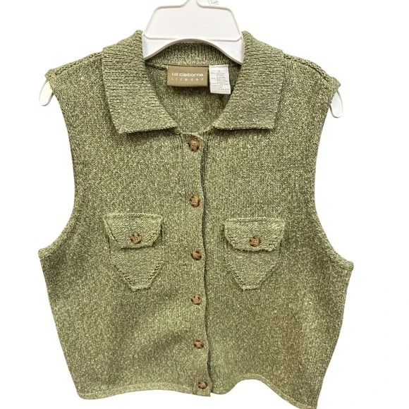 VTG Liz Claiborne Womens Knit Vest Olive Green Button Front Pockets Size S - Picture 1 of 6